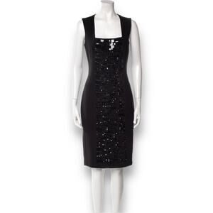 AKRIS Black Dress Size 16 Square Neck Knee Length Stud Embellishments MSRP $2500